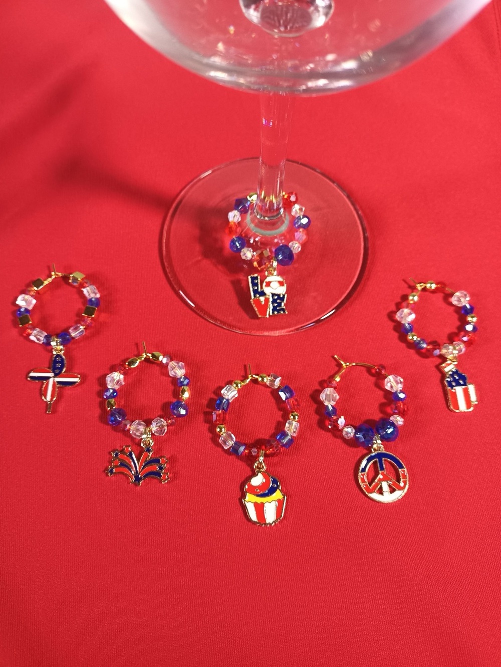 Handmade Patriotic July 4th Red White & Blue Beaded Wine Charms Set of 6